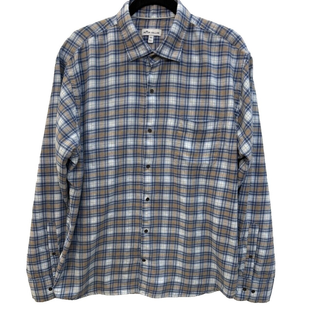 Men's Peter Millar Blue & Tan Plaid Lightweight Soft Flannel Shirt Size XL
